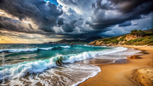 Surreal Coastal Scene of Rough Seas at Algajola, Corsica with Dark Clouds and Rain Over Horizon â€“ Dramatic Landscape Photography photo