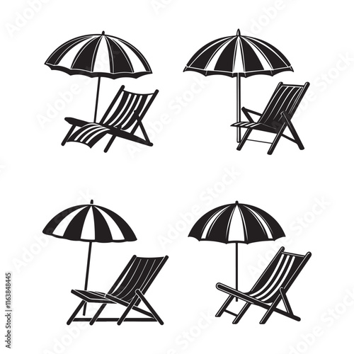 Set of Beach Chair and umbrella silhouette, black and white silhouette, vector and illustration