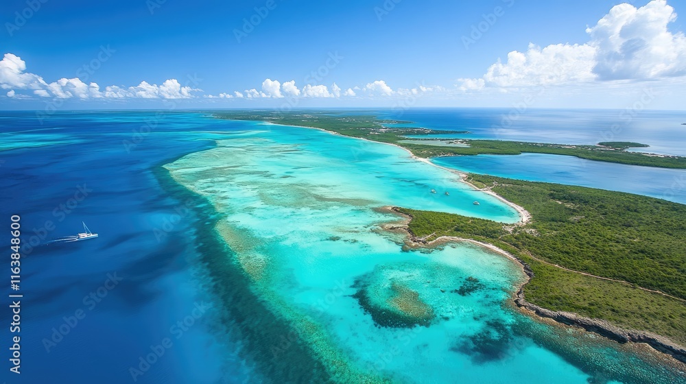 Obraz premium Aerial View of Lush Tropical Island and Vibrant Blue Ocean Waters