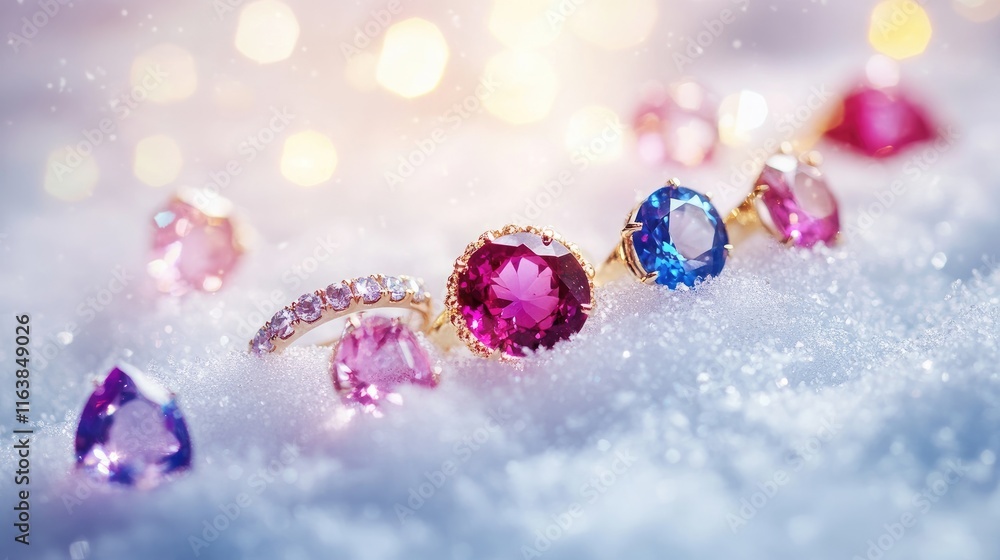 Sparkling Gemstones and Rings on Snowy Background with Bokeh Lights Sparkling Gemstones and Rings on Snowy Background with Bokeh Lights