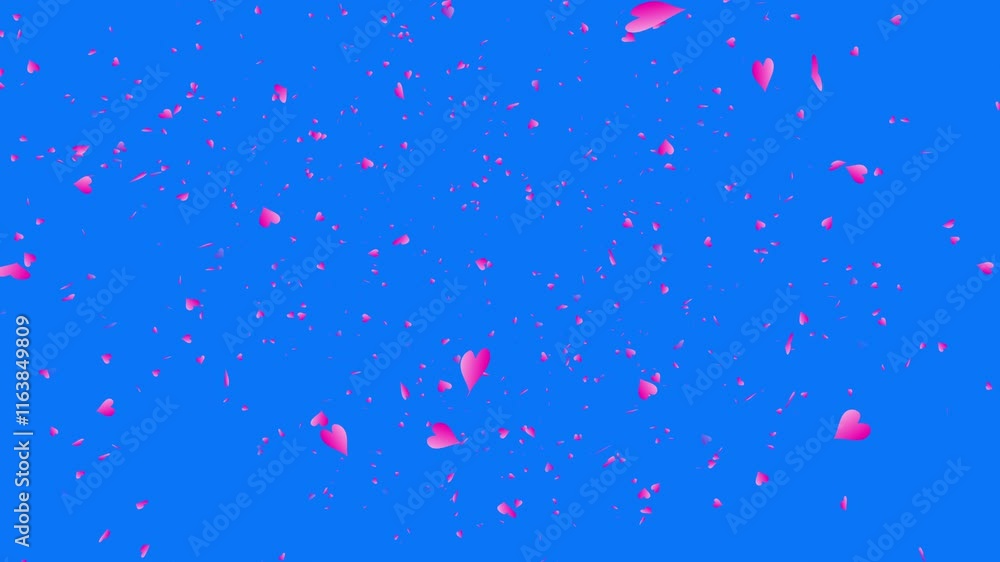 Pink gradient heart shapes falling on blue background with a bird's-eye view. Abstract background for Happy Valentine's day and wedding ceremony. Pink gradient heart shapes falling on blue background with a bird's-eye view. Abstract background for Happy Valentine's day and wedding ceremony.