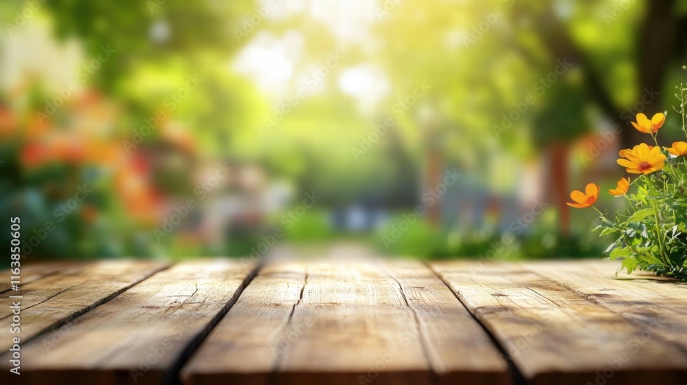 Rustic Wooden Table Surrounded by Vibrant Garden Flowers in a Serene Outdoor Setting with Lush Greenery and Soft Lighting Rustic Wooden Table Surrounded by Vibrant Garden Flowers in a Serene Outdoor Setting with Lush Greenery and Soft Lighting