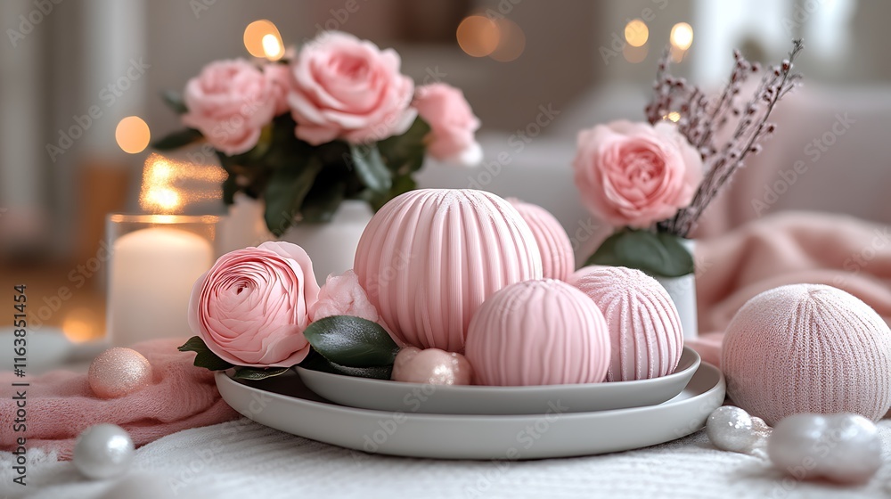 Pink Decorative Balls and Roses Festive Table Setting Pink Decorative Balls and Roses Festive Table Setting