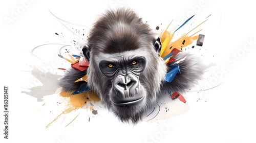 Powerful Gorilla Portrait: Digital Painting with Abstract Splashes AI Generated photo