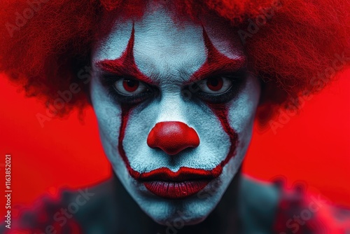 Scary clown stares menacingly with red makeup and wig photo