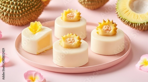 Elegant Durian Desserts on Plate Surrounded by Tropical Accents photo