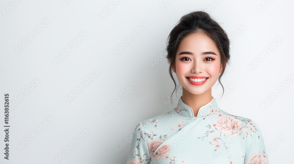 Smiling Chinese woman in floral dress, showcasing elegance and beauty. Smiling Chinese woman in floral dress, showcasing elegance and beauty.