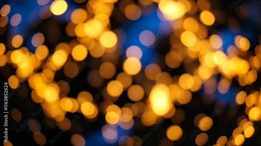 A luxurious abstract background of glittering lights in a de-focused style, combining deep blue and gold tones over a black base. A luxurious abstract background of glittering lights in a de-focused style, combining deep blue and gold tones over a black base.