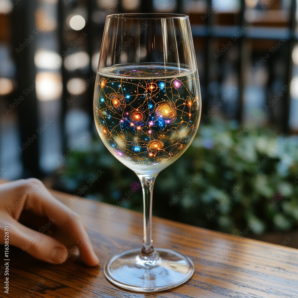 Obraz premium Unique Sparkling Glass Filled With a Cosmic Scene, Showcasing Colorful Stars and Galaxies in a Creative Display on a Wooden Table Near Plants
