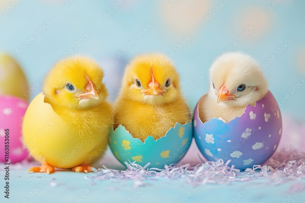 Fototapeta premium Three adorable baby chicks peek out of colorful eggs, embodying the spirit of spring and new beginnings in nature.