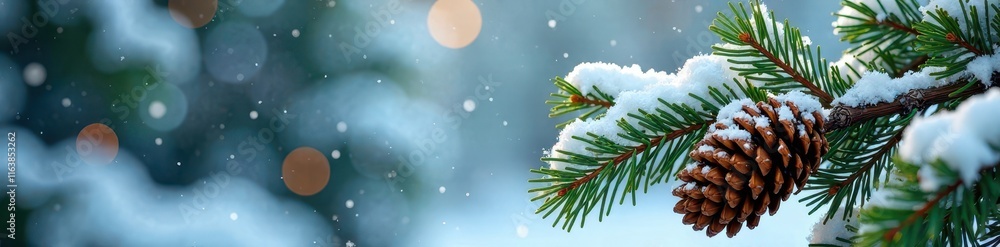 Snow-covered spruce branches, pine cone, winter holiday background, graphic, design Snow-covered spruce branches, pine cone, winter holiday background, graphic, design