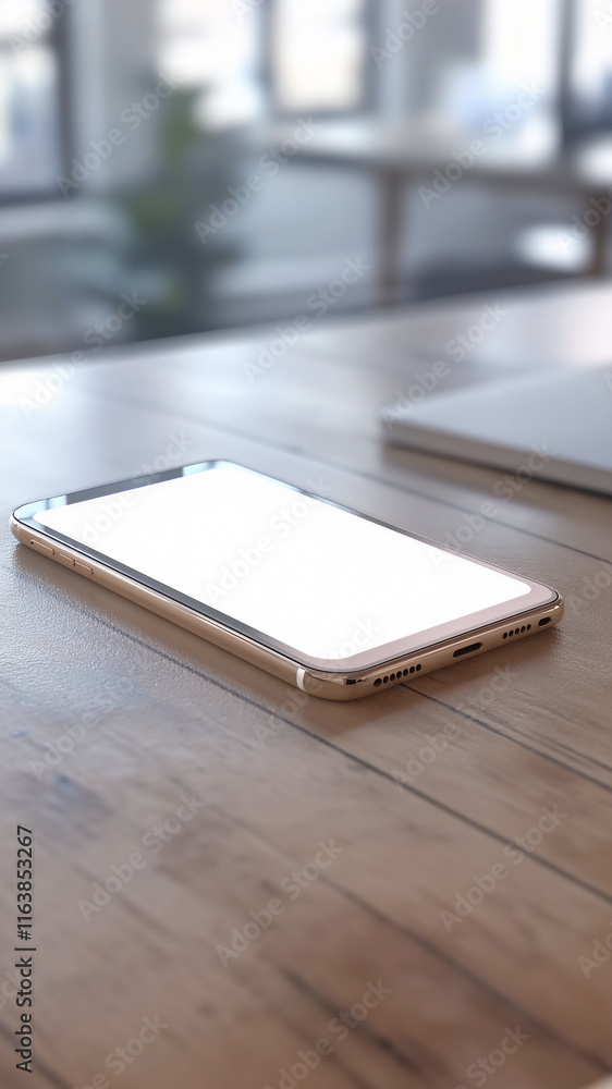Mockup of smartphone resting on wooden table in a bright indoor environment Mockup of smartphone resting on wooden table in a bright indoor environment