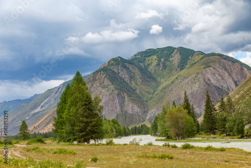 Belgebash mountain and Chuya river near Chibit village. Altai republic, Russia. photo