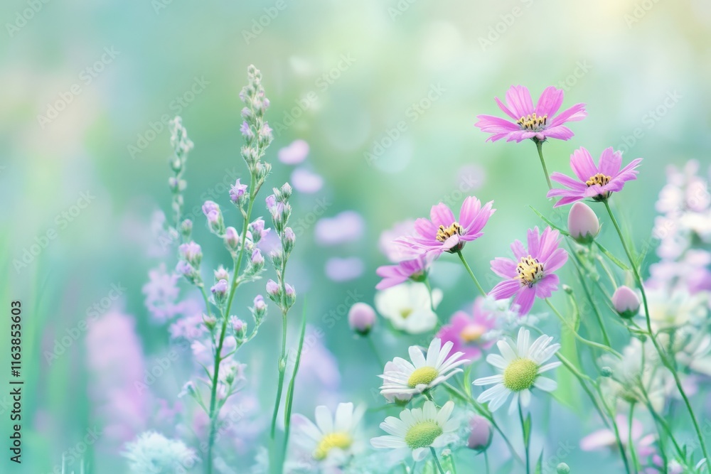 Fototapeta premium A vibrant collection of wildflowers showcases nature's diverse colors and shapes, highlighting the beauty of floral life.