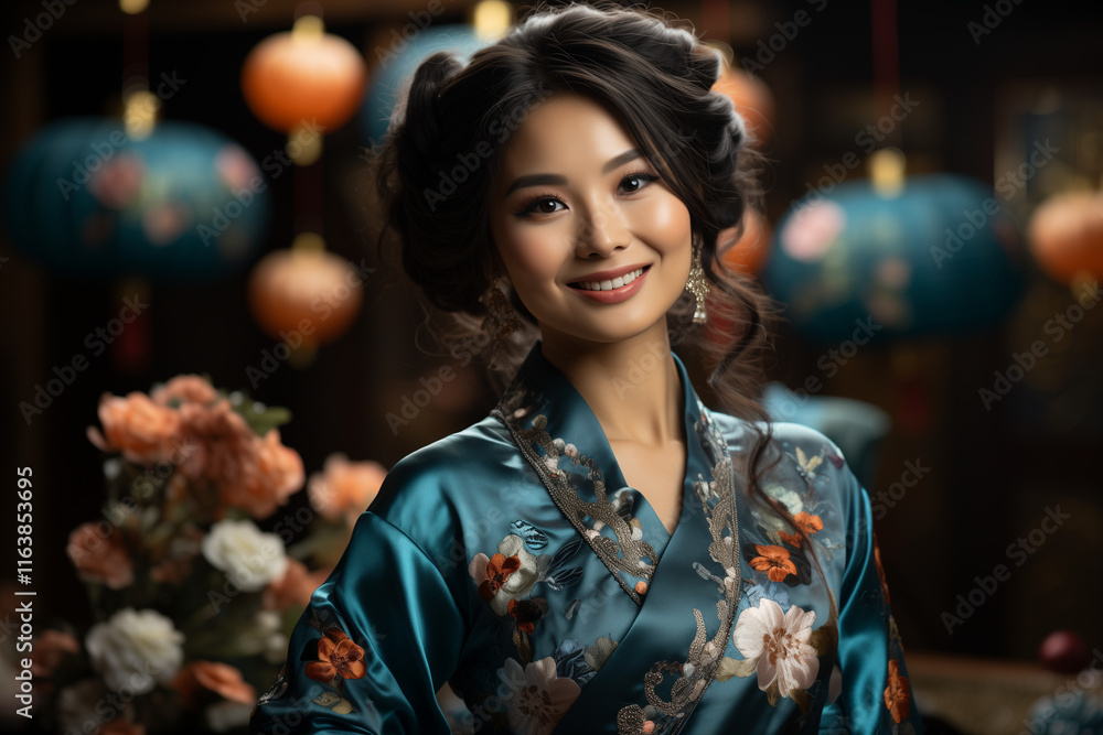 Chinese Woman Dressed in Traditional Clothing in Celebration, Cultural Lady Enjoying the Charms of Chinese Lunar New Year 2024 with Fireworks Chinese Woman Dressed in Traditional Clothing in Celebration, Cultural Lady Enjoying the Charms of Chinese Lunar New Year 2024 with Fireworks