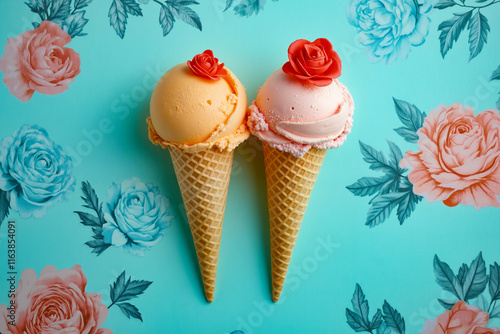 Two ice cream cones with pink and orange roses on top of them photo