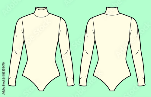Ladies, Girls, One-piece swimsuit, Long Sleeve, High neck, flat sketch outline for beachwear and swimwear, CAD mockup. 