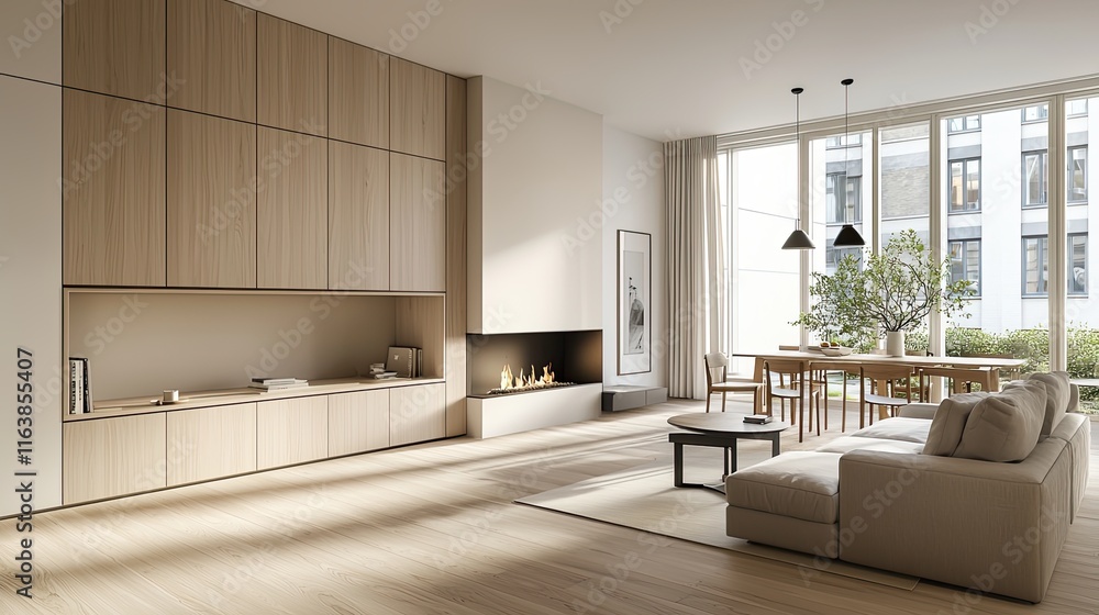 Minimalist Scandinavian living room with light oak flooring, built-in cabinets, a modern sofa by a sleek fireplace, and a simple dining table
