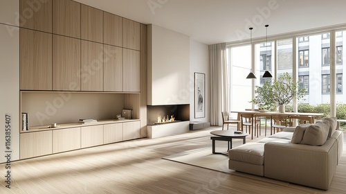 Obraz na płótnie Minimalist Scandinavian living room with light oak flooring, built-in cabinets, a modern sofa by a sleek fireplace, and a simple dining table w salonie