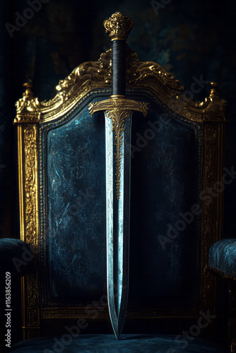 A minimalist portrayal of a noblemanâ€™s sabre resting on a chair, photo