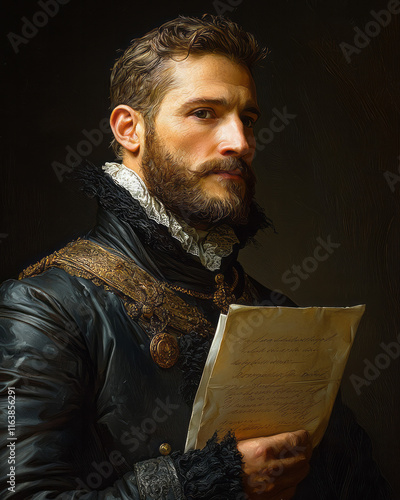 A profile of a nobleman holding a letter, framed against a plain wall, photo