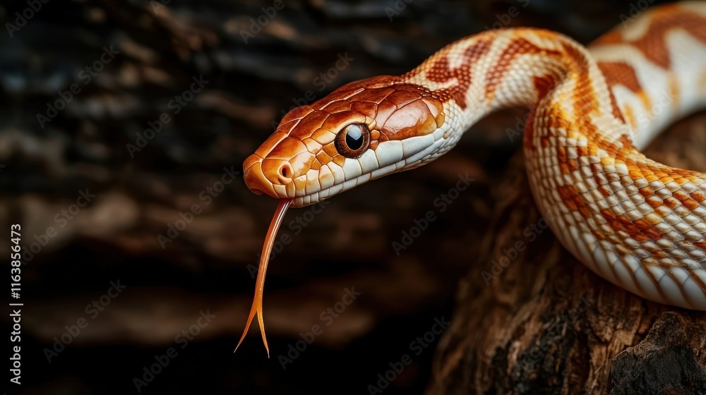 Obraz premium Captivating Close-Up of a Colorful Snake with Striking Patterns and Flicking Tongue, Showcasing the Intricacies of Nature and Beauty in Serpents