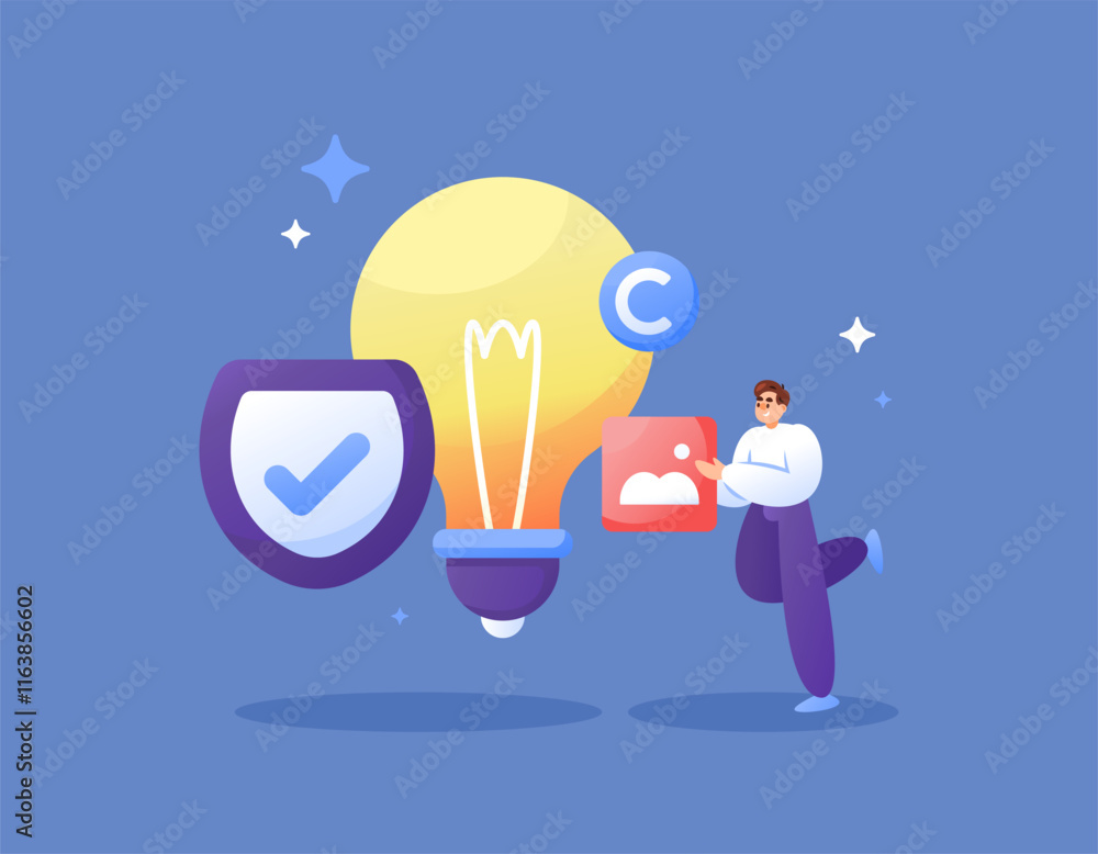 copyright protection concept. policies and provisions that protect art or content from plagiarism. preventing theft of ideas. illustration of a man with a lamp and shield. flat style design. elements copyright protection concept. policies and provisions that protect art or content from plagiarism. preventing theft of ideas. illustration of a man with a lamp and shield. flat style design. elements
