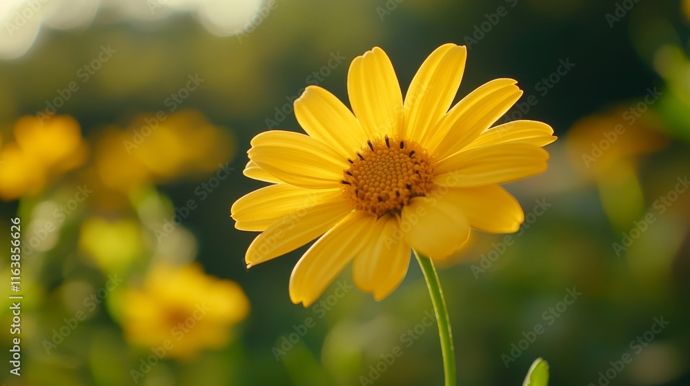 A Single Yellow Flower in a Field of Yellow Flowers, Bathed in the Golden Light of the Setting Sun, Evoking a Feeling of Peace and Tranquility. A Single Yellow Flower in a Field of Yellow Flowers, Bathed in the Golden Light of the Setting Sun, Evoking a Feeling of Peace and Tranquility.