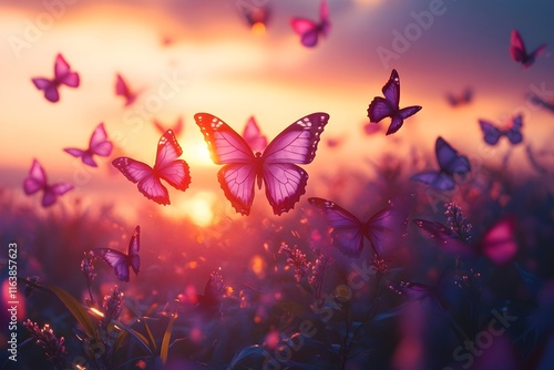 a serene image of human hands releasing a group of vibrant butterflies against a glowing sunset. butterflies and sunset