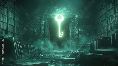 Glowing key in a mysterious, book-lined chamber.