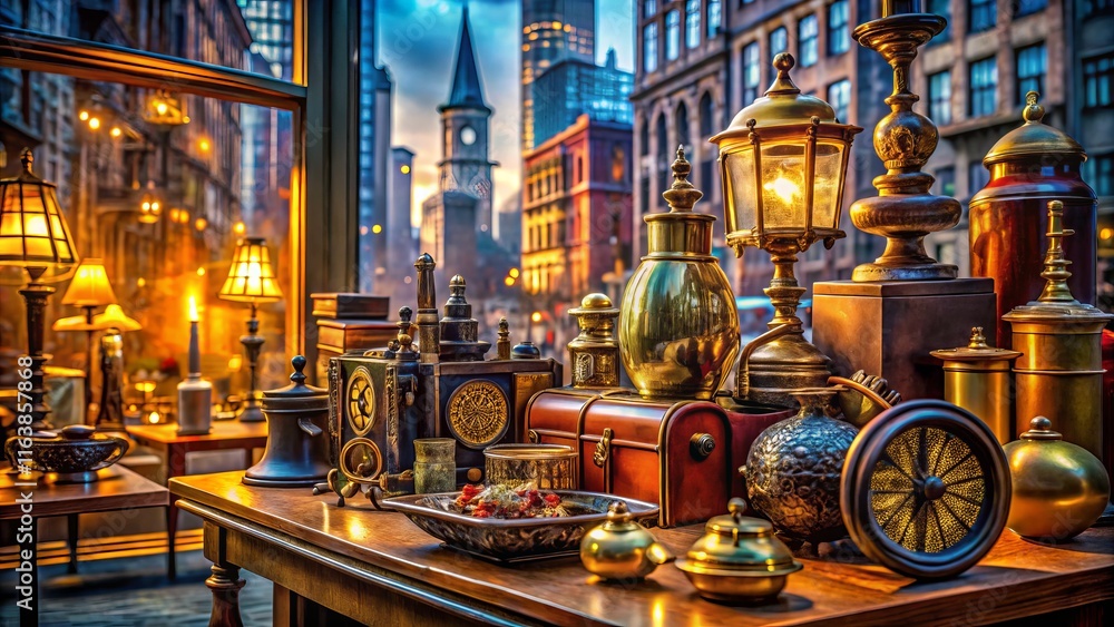 Naklejka premium Energetic urban scene in crystalline detail showcasing vibrant vintage cityscape