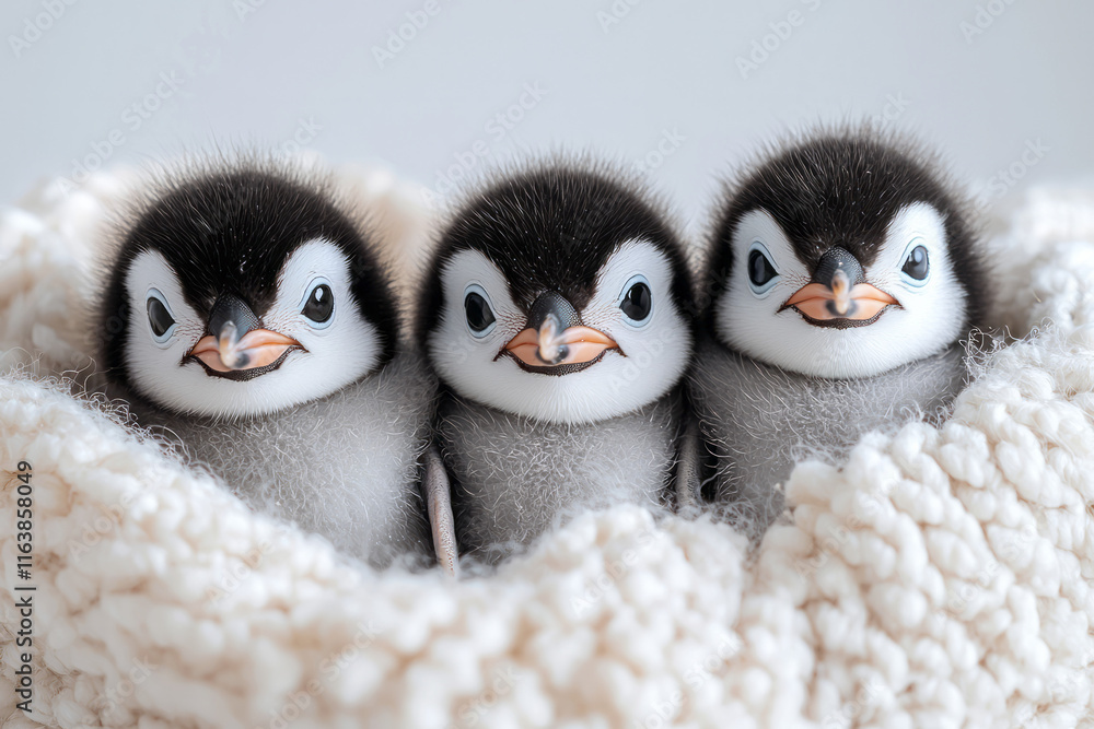 Fototapeta premium A group of tiny penguin chicks huddled together, all looking directly at the camera,
