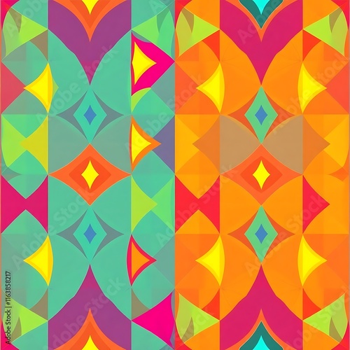 Wallpaper Mural Vibrant Geometric Pattern: Two-toned seamless textile design with teal and orange color palettes.  A kaleidoscope of shapes and colors for textile, fashion, and design projects. Torontodigital.ca