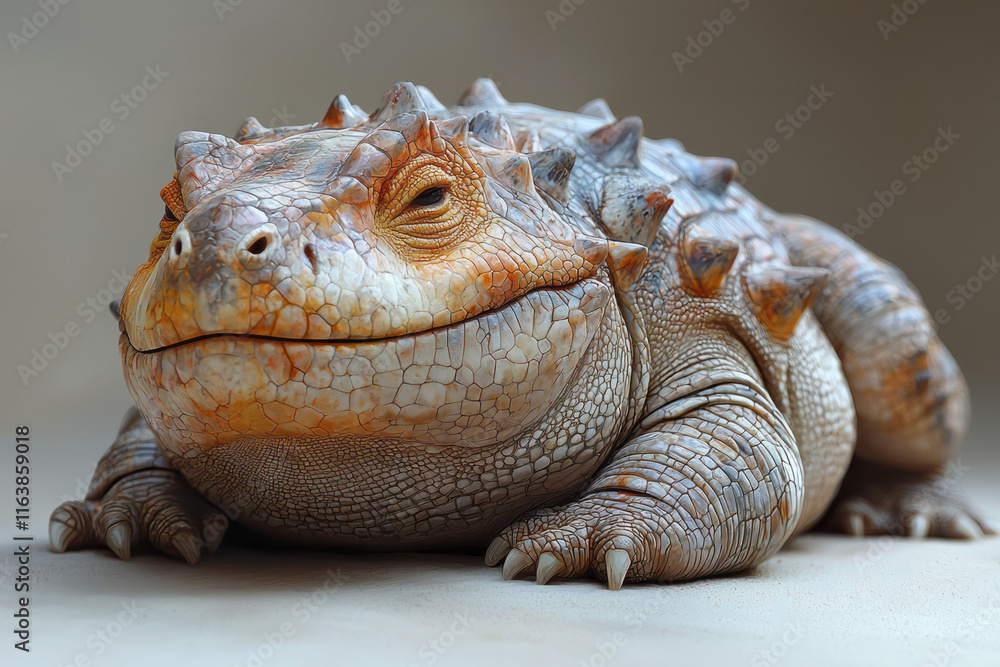 Fototapeta premium A mischievous ankylosaurus rolling on its back, pretending to smile,