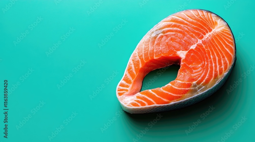 Fresh Salmon Slice on Vibrant Turquoise Background for Food Styling Fresh Salmon Slice on Vibrant Turquoise Background for Food Styling