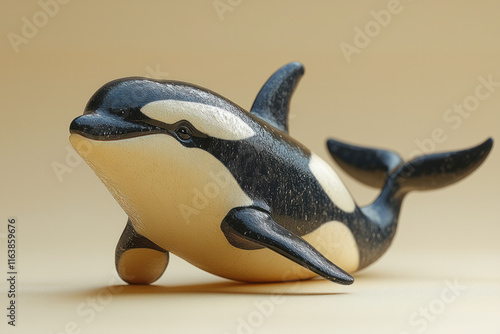 A comical orca posing with its tail curved like a heart, photo