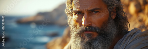 Moses holding the Ten Commandments on a mountaintop,