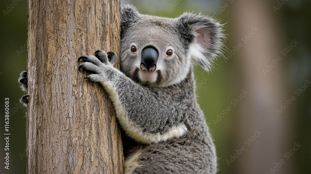 Obraz premium Close-Up of a Koala Clinging to a Tree in an Eucalyptus Forest