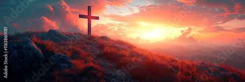 The cross on a hill with a glowing sunrise behind,