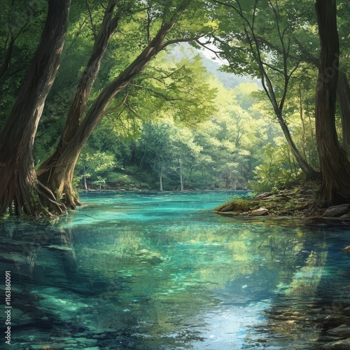 Tranquil Forest Scene With Serene Blue Water and Lush Greenery During Daylight Hours