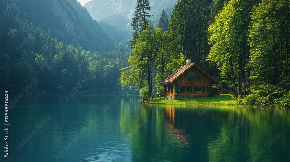 Fototapeta premium Calm Waters Reflect a Serene Wooden Cabin Surrounded by Lush Trees and Mountains in a Peaceful Nature Setting During Daytime