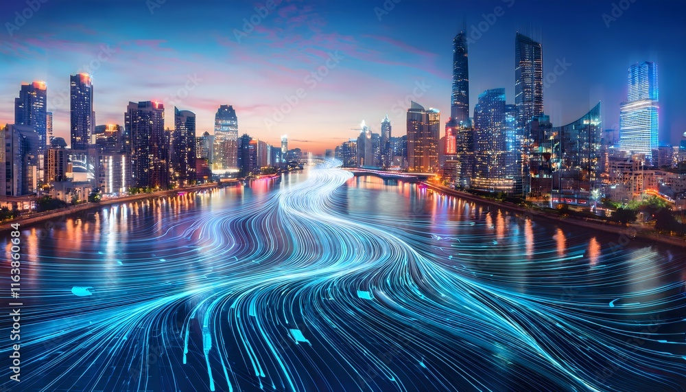Obraz premium Futuristic Cityscape Data Streams Flowing Through River at Night