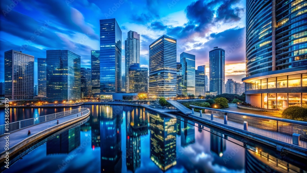 Obraz premium Luxury high contrast blue hour cityscape for professional presentations and marketing materials