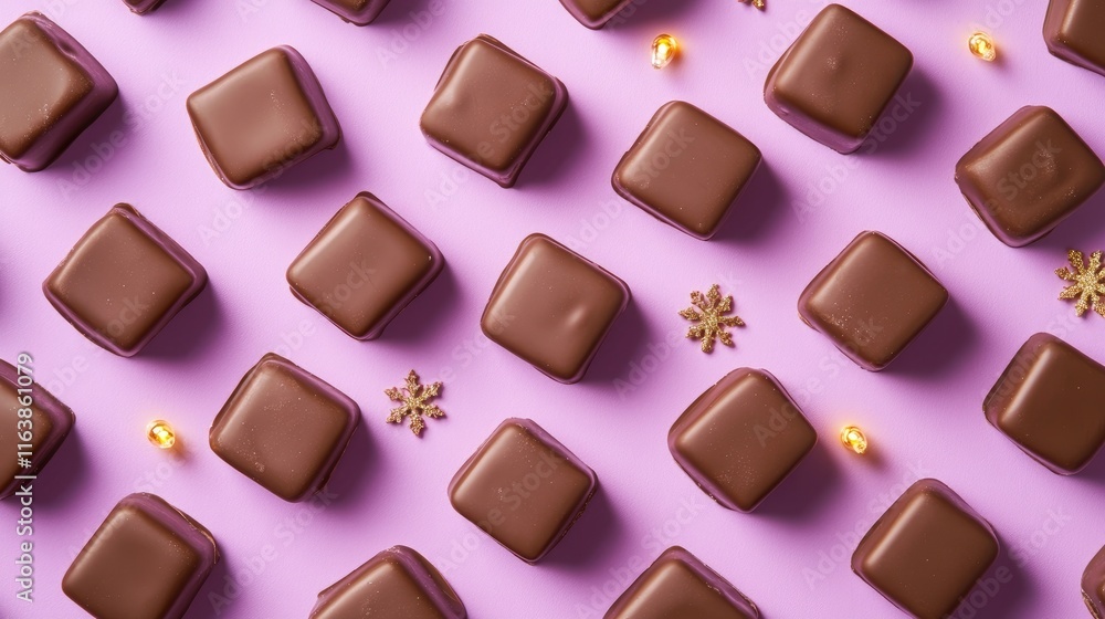 Fototapeta premium Chocolate Cubes on Purple Surface with Decorative Elements