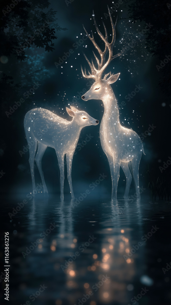 Obraz premium A couple of deer standing next to each other in the water