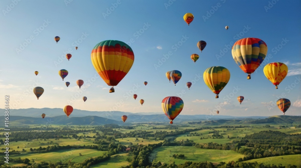 Naklejka premium Brightly Colored Hot Air Balloons Ascending Over a Green Valley