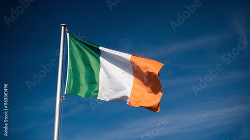 The Irish flag fluttering proudly against a clear blue sky photo