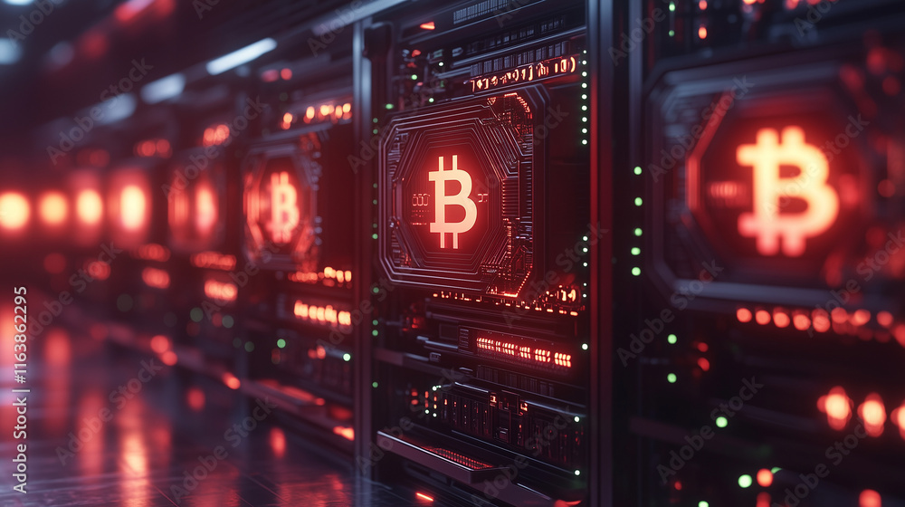 Fototapeta premium Rows of glowing cryptocurrency mining rigs with Bitcoin logos subtly illuminated in the background, emphasizing the process of mining