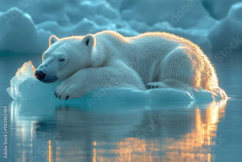 A polar bear resting on a floating iceberg shaped like a glowing prism, photo