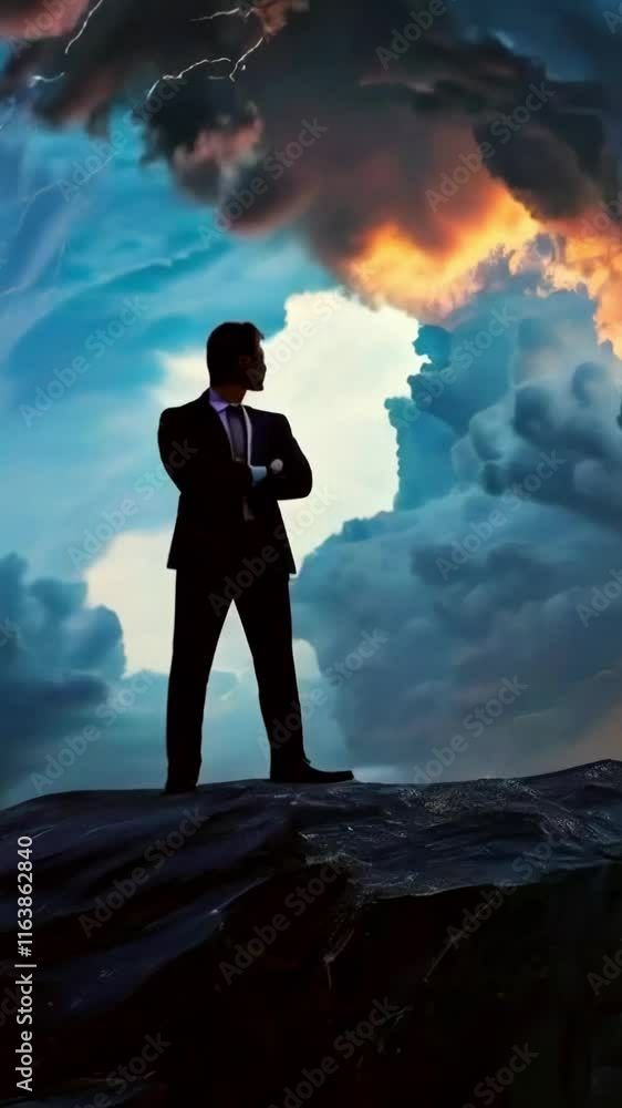 Silhouette of a businessman standing on a mountain peak during a thunderstorm symbolizing determination and success new beautiful stock 9x16 vertical video footage animation AI Silhouette of a businessman standing on a mountain peak during a thunderstorm symbolizing determination and success new beautiful stock 9x16 vertical video footage animation AI